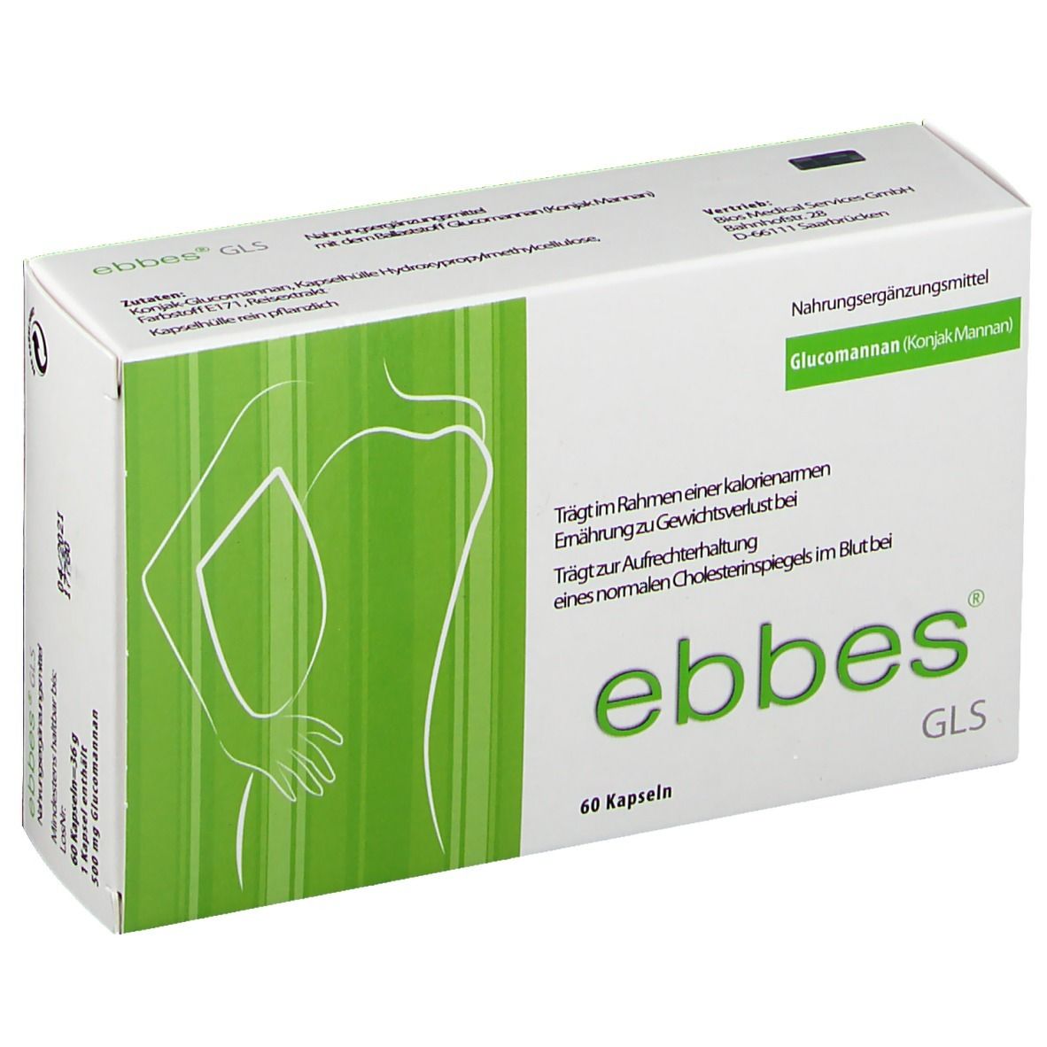 Weißer Karton mit "ebbes GLS"-Logo und grüner Abbildung. Enthält 60 Kapseln. Text: Nahrungsergänzungsmittel, Glucomannan.