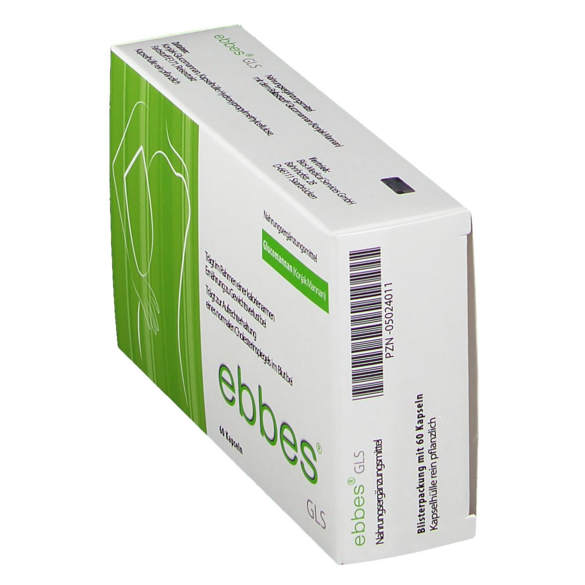 Schräg gestellte weiße Schachtel mit "ebbes GLS"-Logo und grüner Illustration. Enthält 60 Kapseln. Barcode und Text.