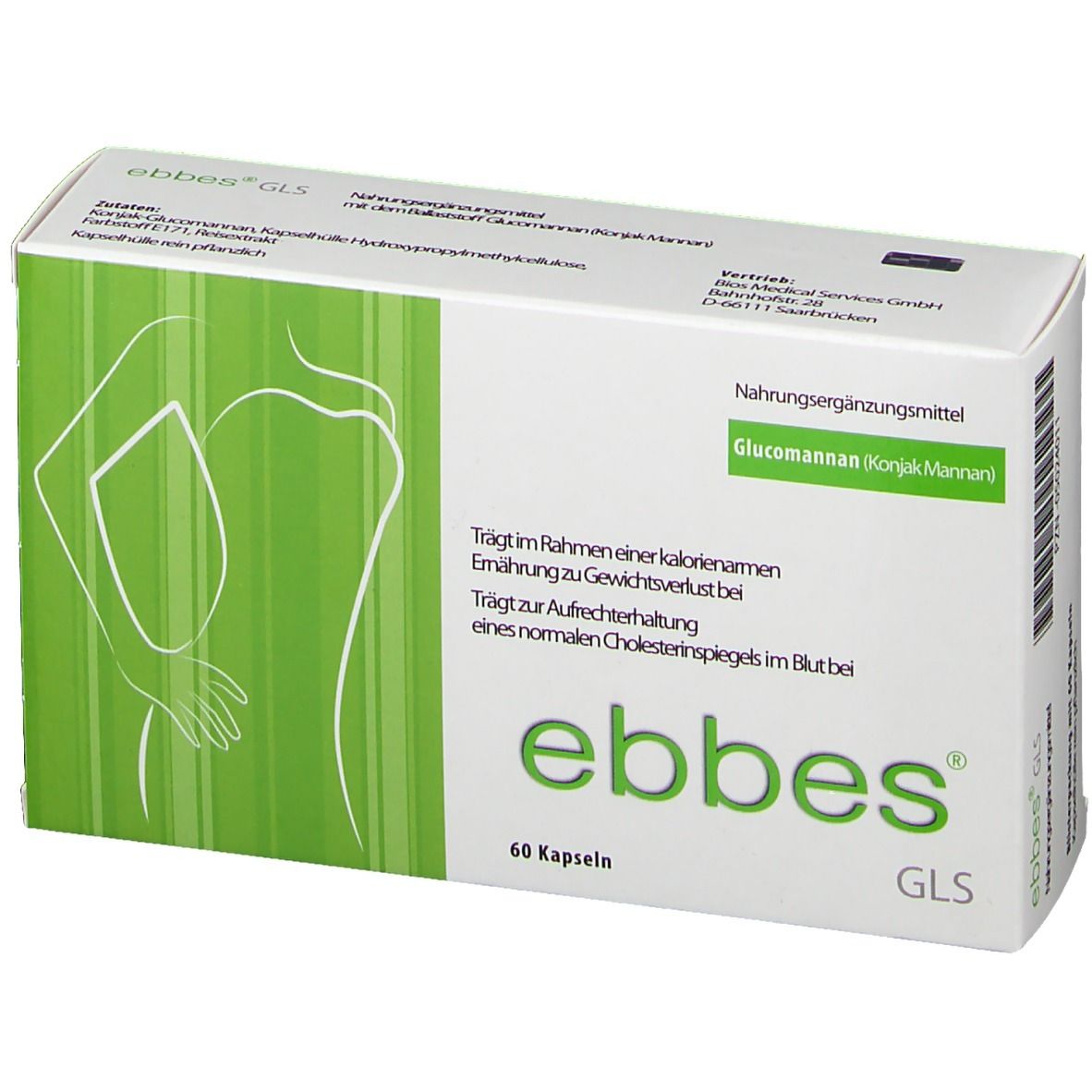 Weiße Schachtel mit "ebbes GLS"-Logo und grüner Illustration. Enthält 60 Kapseln. Text: Nahrungsergänzungsmittel, Glucomannan.