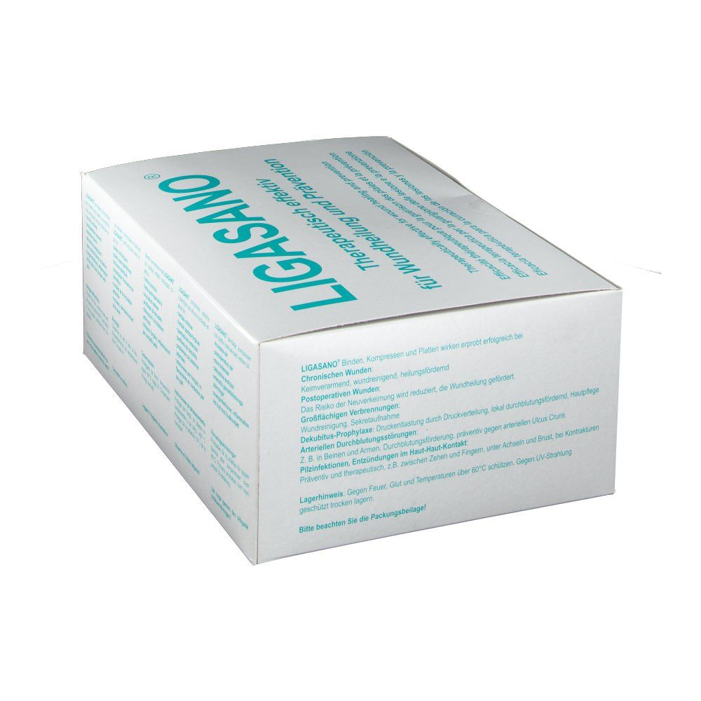 Verpackung von LIGASANO®. Weißer Karton mit blauer Schrift. Text: therapeutisch effektiv für Wundheilung und Prävention.