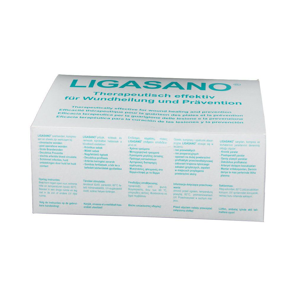 Verpackung von LIGASANO®. Weißer Karton mit blauer Schrift. Text: therapeutisch effektiv für Wundheilung und Prävention.