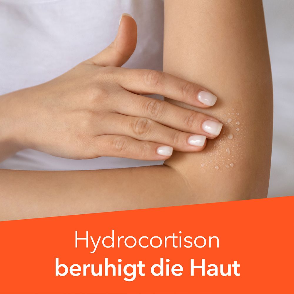 Arm mit Tropfen. Text: Hydrocortison beruhigt die Haut.