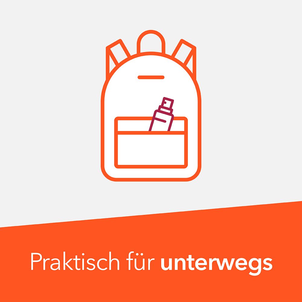 Rucksack-Symbol mit Spray. Text: Praktisch für unterwegs.