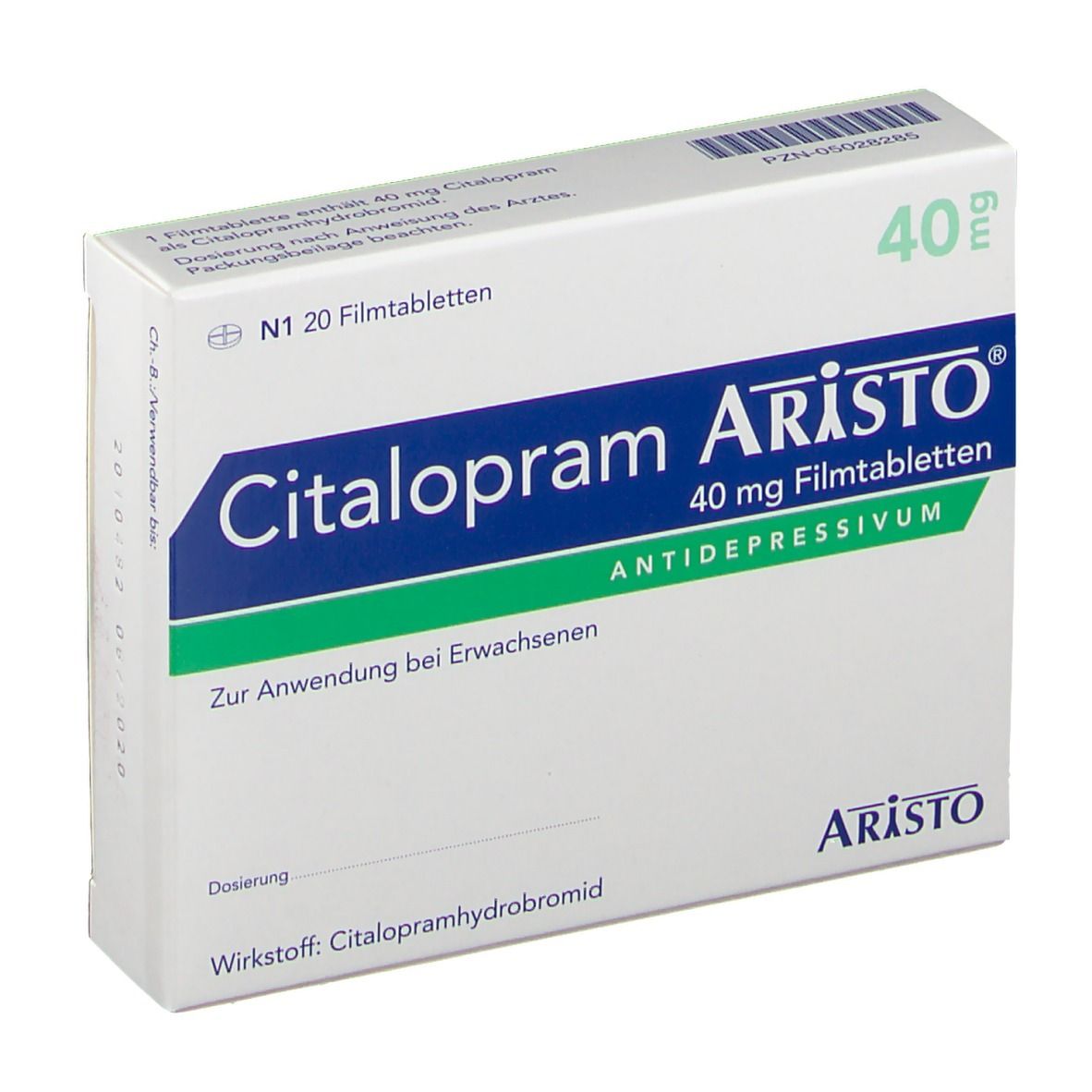 Schachtel Citalopram Aristo 40 mg Filmtabletten. Aufschrift: Antidepressivum. Dosierung: 40 mg. N1 20 Filmtabletten.