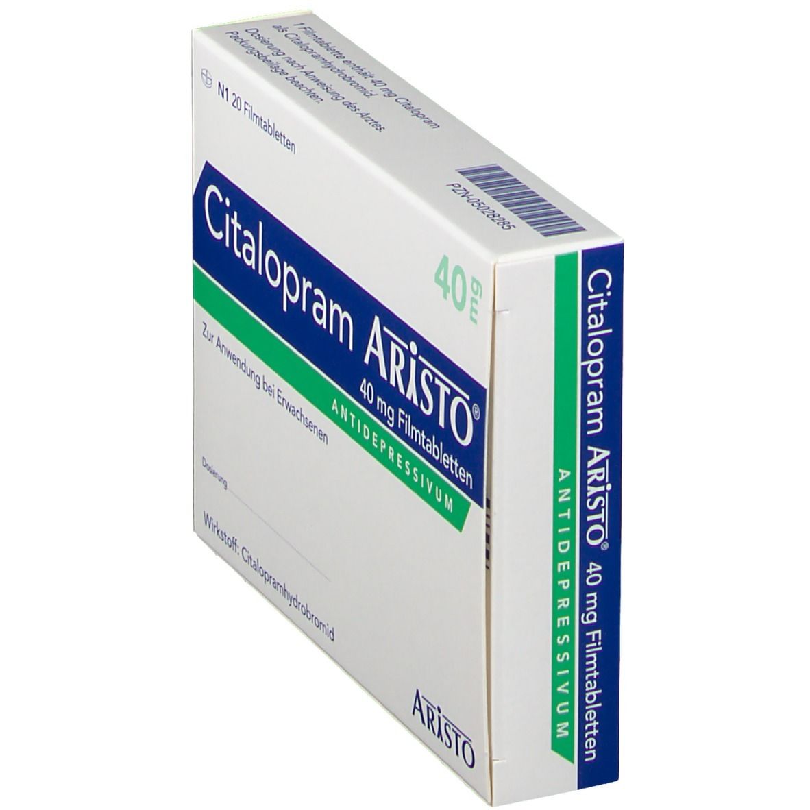 Schachtel Citalopram Aristo 40 mg. Seitenansicht. Aufschrift: Antidepressivum. Dosierung: 40 mg. N1 20 Filmtabletten.