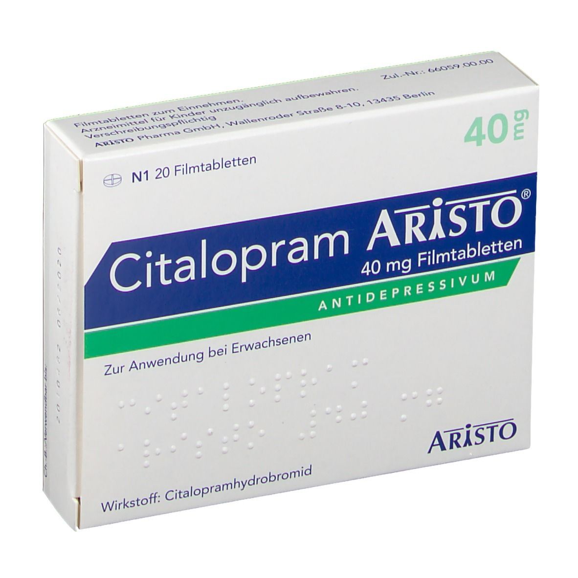 Schachtel Citalopram Aristo 40 mg Filmtabletten. Aufschrift: Antidepressivum. Dosierung: 40 mg. N1 20 Filmtabletten.