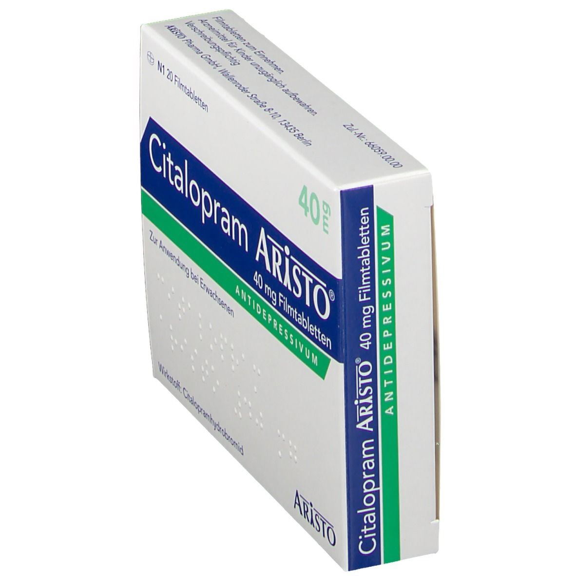 Schachtel Citalopram Aristo 40 mg. Seitenansicht. Aufschrift: Antidepressivum. Dosierung: 40 mg. N1 20 Filmtabletten.