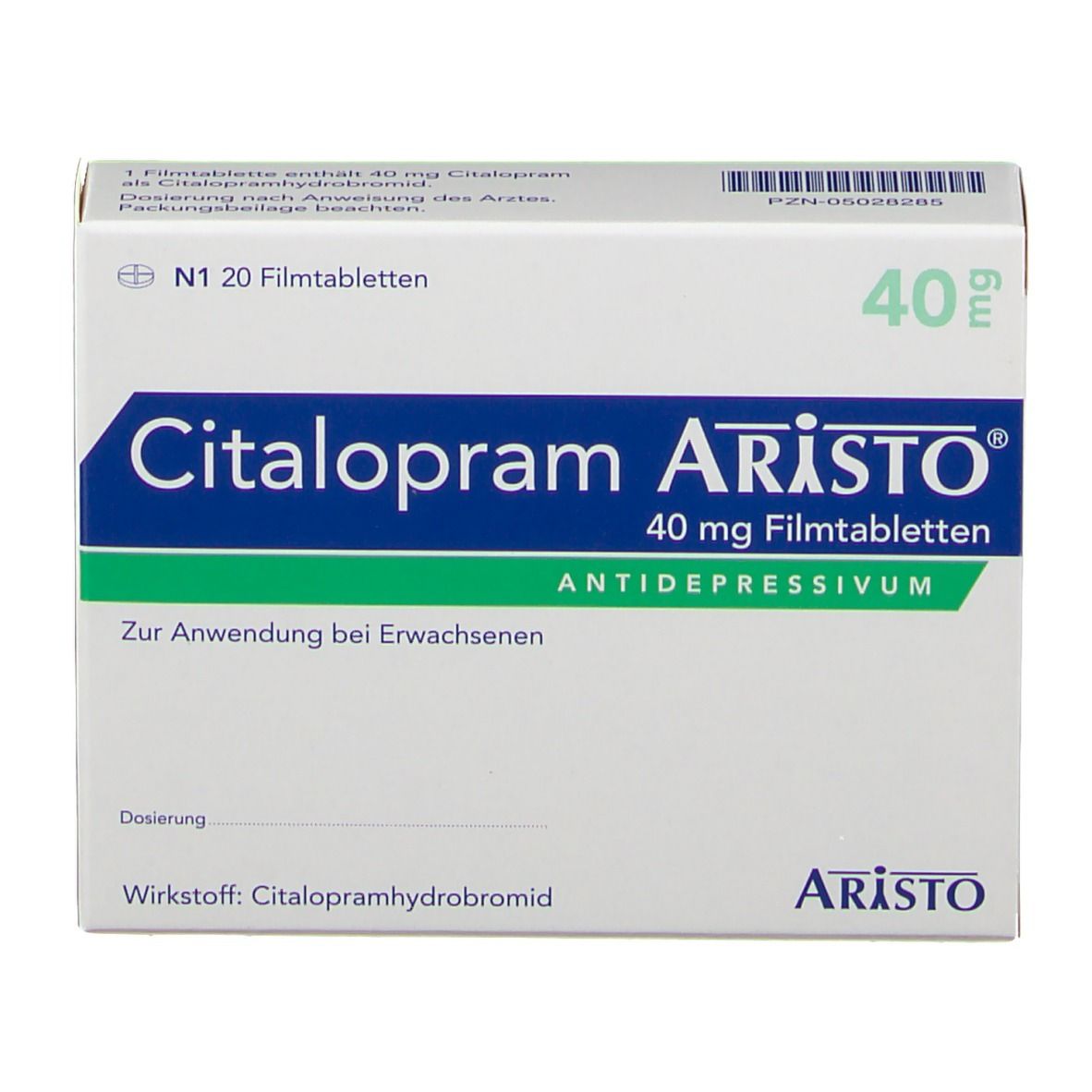 Schachtel Citalopram Aristo 40 mg Filmtabletten. Aufschrift: Antidepressivum. Dosierung: 40 mg. N1 20 Filmtabletten.