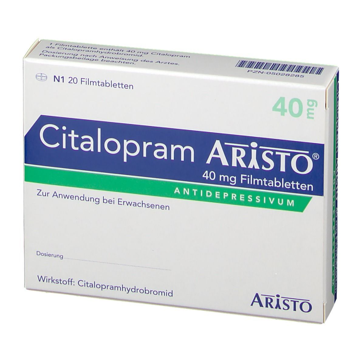 Schachtel Citalopram Aristo 40 mg Filmtabletten. Aufschrift: Antidepressivum. Dosierung: 40 mg. N1 20 Filmtabletten.