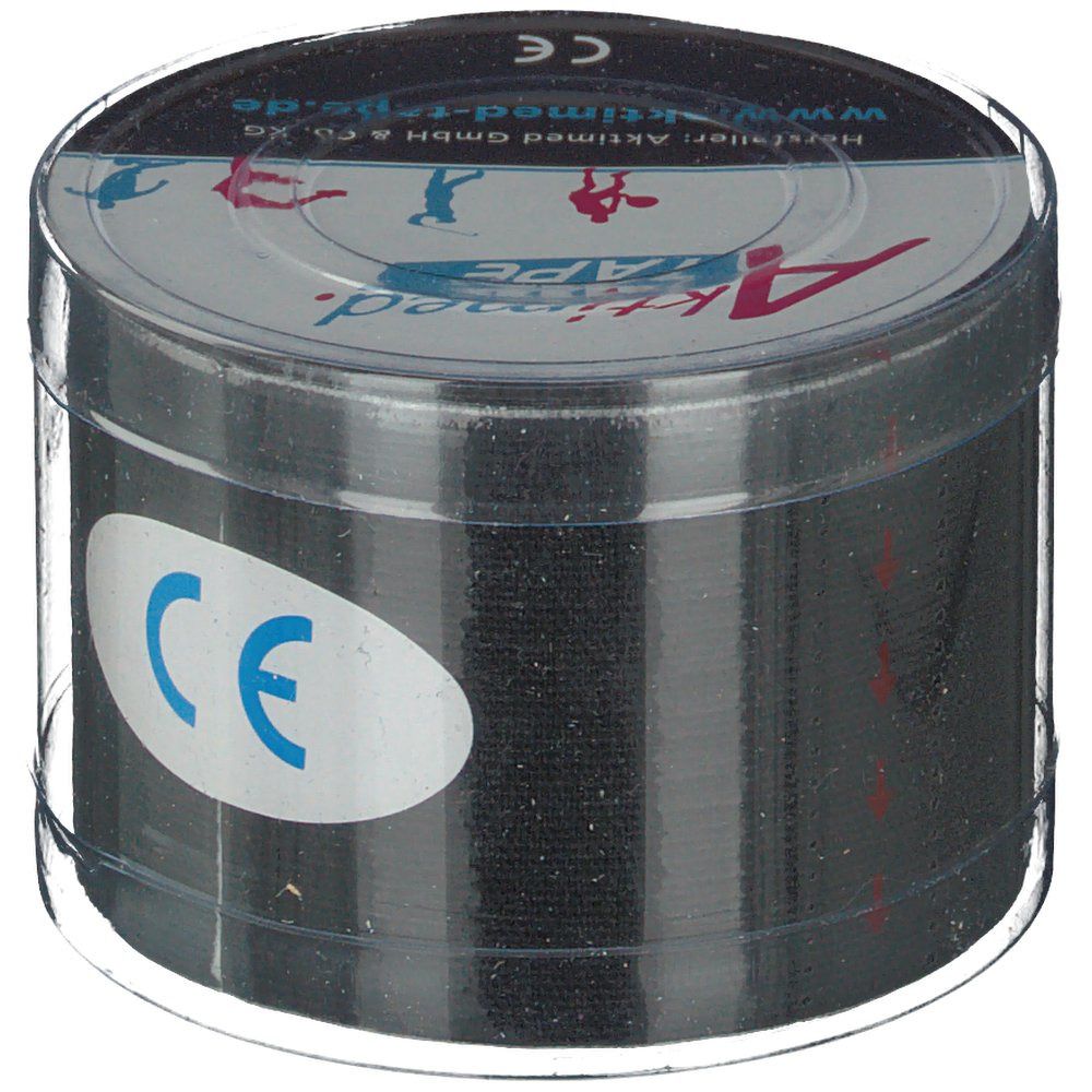Schwarzes Tape in runder, transparenter Verpackung. Auf dem Deckel steht Aktimed TAPE und CE-Zeichen.