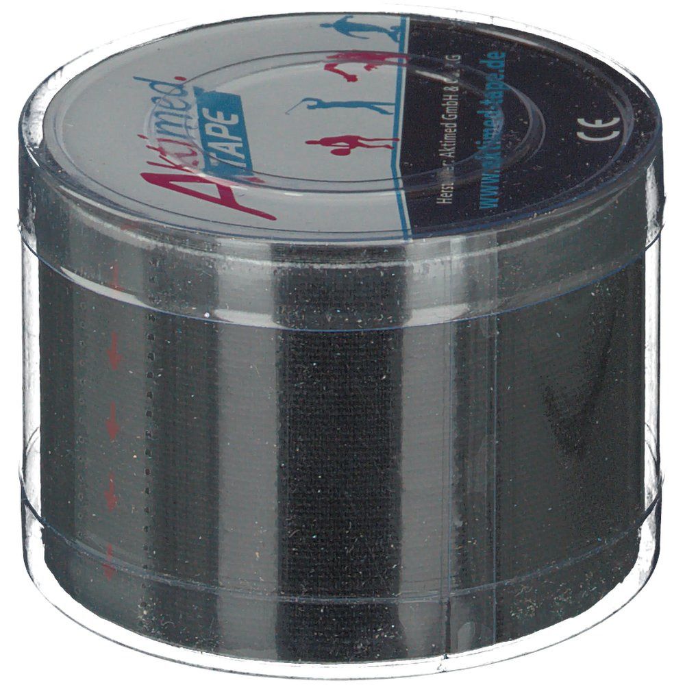Schwarzes Tape in runder, transparenter Verpackung. Auf dem Deckel steht Aktimed TAPE und CE-Zeichen.