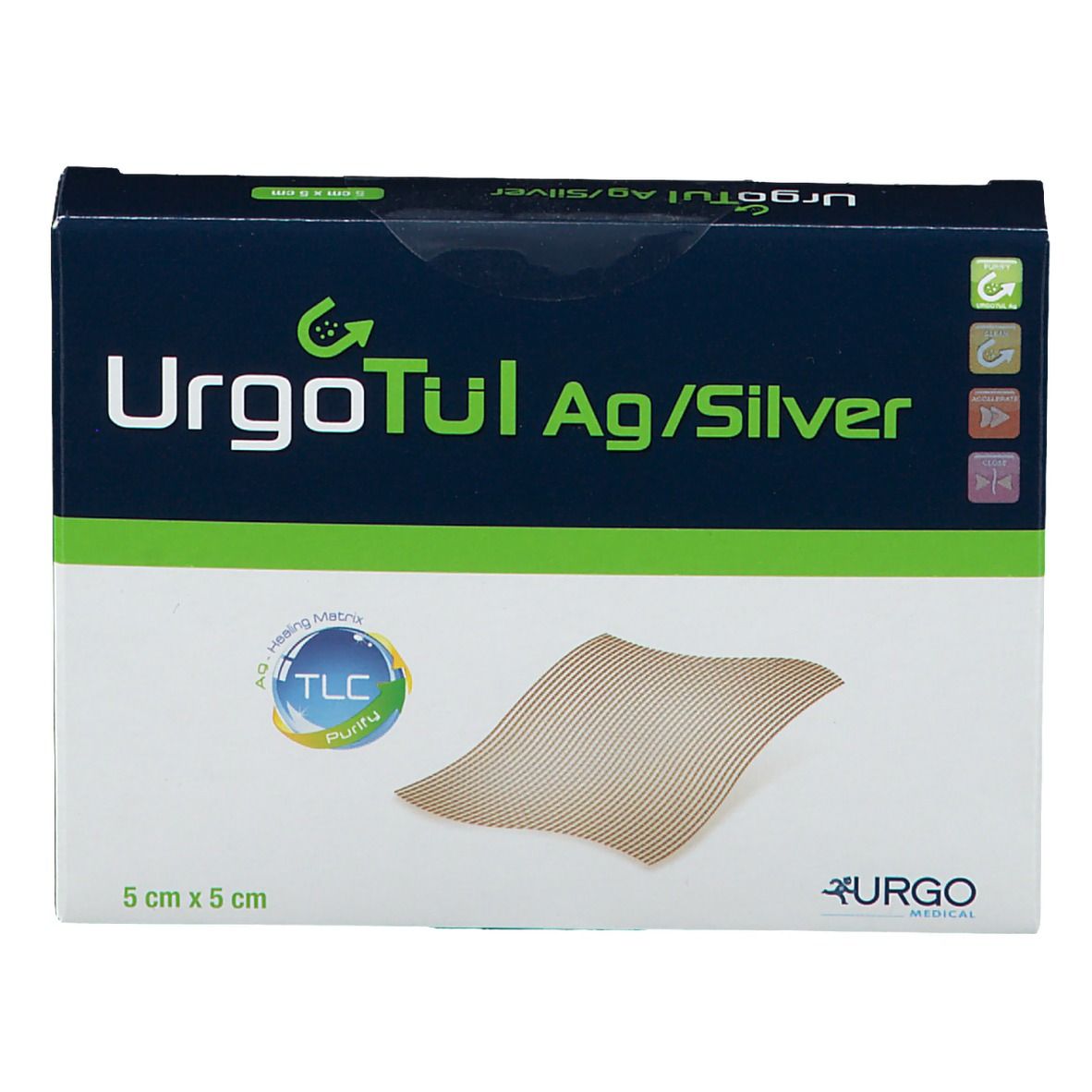 Verpackung von UrgoTül Ag/Silver. Enthält ein Wundauflagen-Pad. Größe: 5x5 cm. Logo und Produktbezeichnung sichtbar.