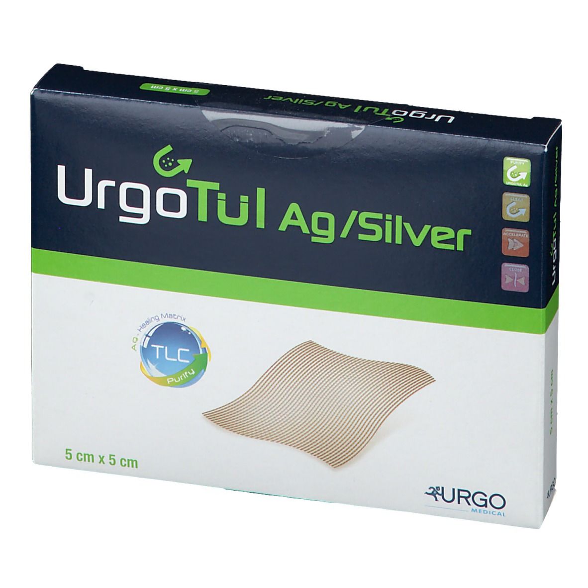 Verpackung von UrgoTül Ag/Silver. Enthält ein Wundauflagen-Pad. Größe: 5x5 cm. Logo und Produktbezeichnung sichtbar.