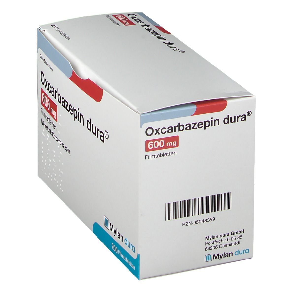 Schachtel Oxcarbazepin dura® 600 mg Filmtabletten. Aufdruck: 600 mg, Filmtabletten. Barcode und Mylan dura Logo.