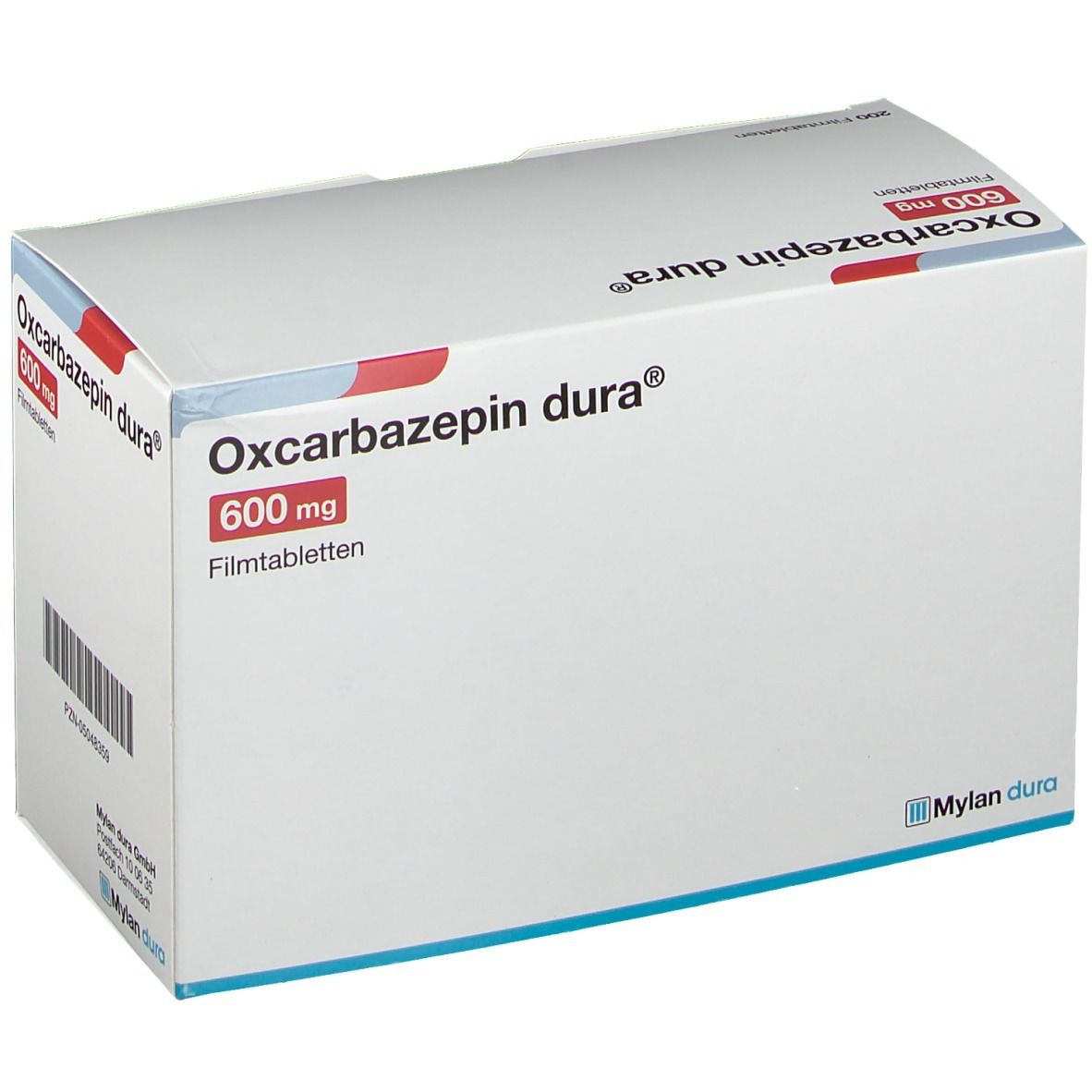 Schachtel Oxcarbazepin dura® 600 mg Filmtabletten. Aufdruck: 600 mg, Filmtabletten. Mylan dura Logo.