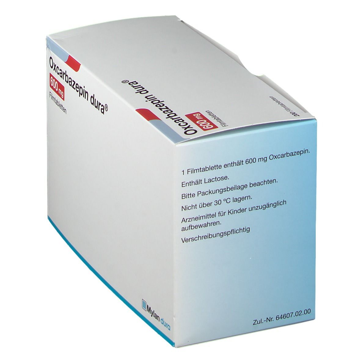 Schachtel Oxcarbazepin dura® 600 mg Filmtabletten. Aufdruck: 600 mg, Filmtabletten. Mylan dura Logo. Text über Inhaltsstoffe.