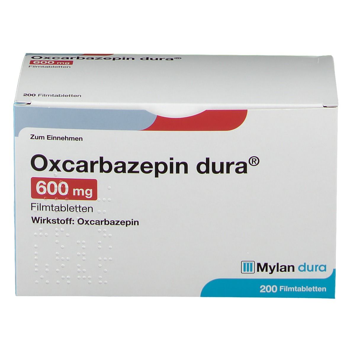 Schachtel Oxcarbazepin dura® 600 mg Filmtabletten. Aufdruck: 600 mg, Filmtabletten, Wirkstoff Oxcarbazepin. Mylan dura.