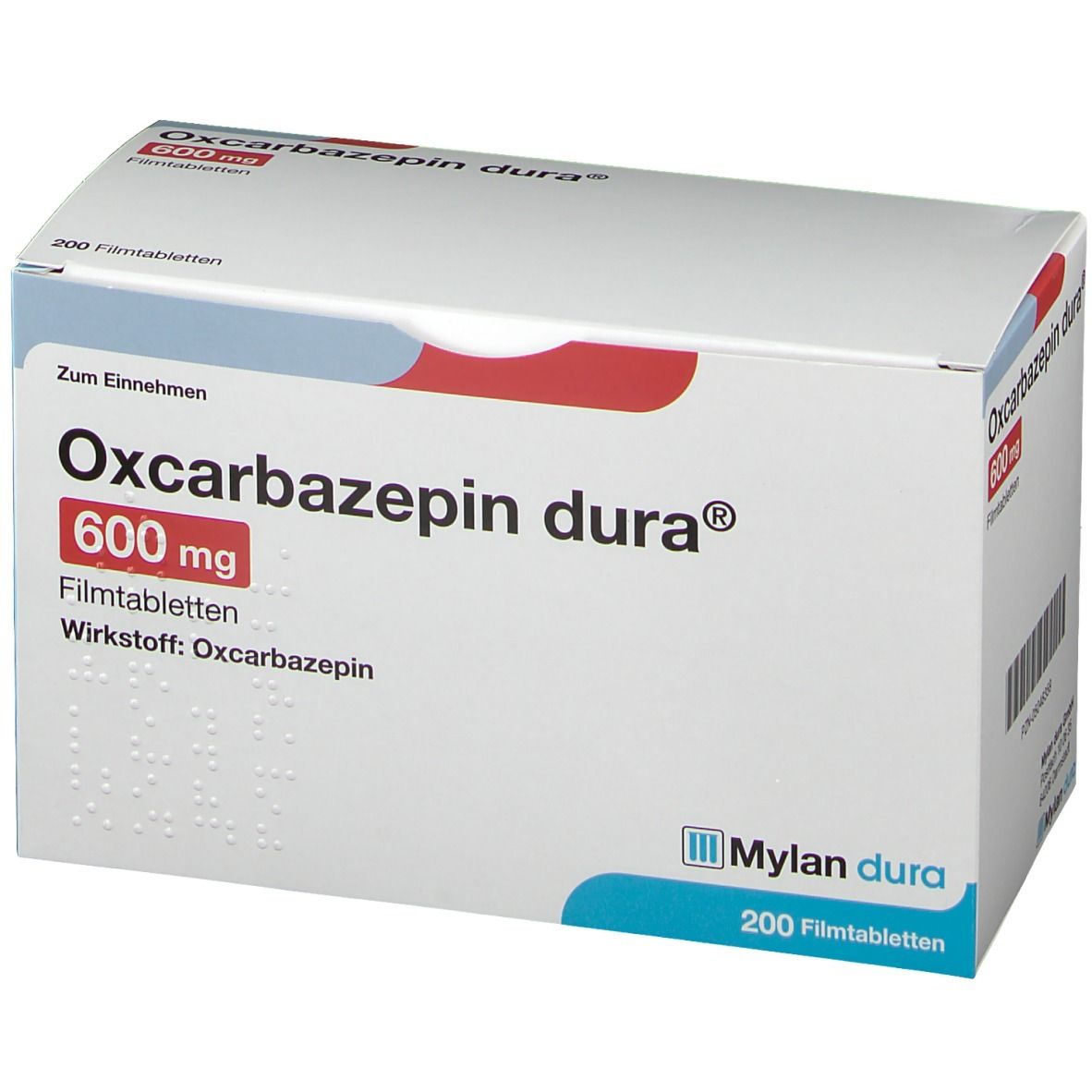 Schachtel Oxcarbazepin dura® 600 mg Filmtabletten. Aufdruck: 600 mg, Filmtabletten, Wirkstoff Oxcarbazepin. Mylan dura.