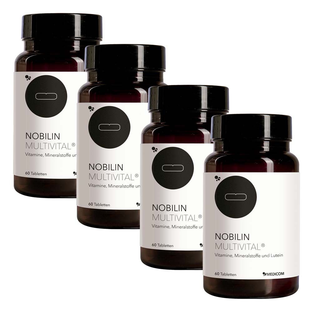 Vier Flaschen Nobilin Multivital. Braune Flaschen mit schwarzen Deckeln und weißen Etiketten. Aufschrift: Nobilin Multivital.