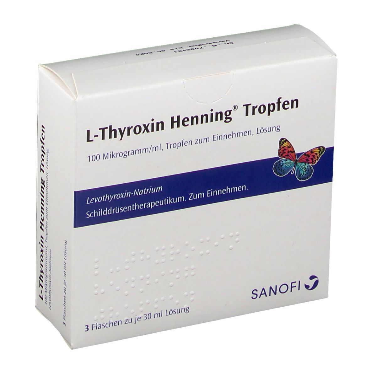 Weiße Faltschachtel mit Aufschrift L-Thyroxin Henning Tropfen. Blaue Linie mit Text und Schmetterling. Sanofi Logo.