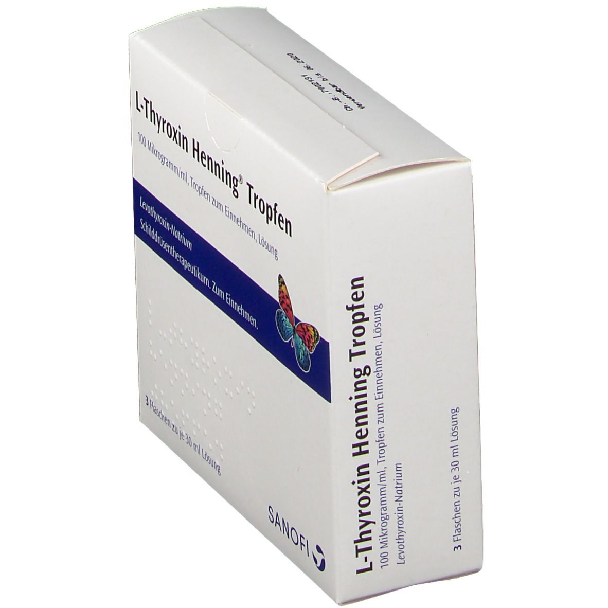 Weiße Faltschachtel mit Aufschrift L-Thyroxin Henning Tropfen. Blaue Linie mit Text und Schmetterling. Sanofi Logo.