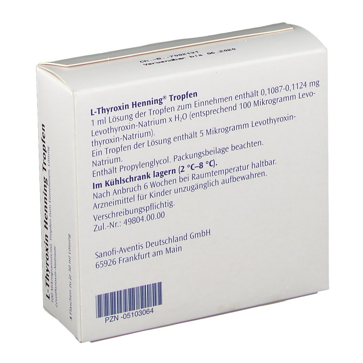 Rückseite der weißen Faltschachtel mit Text. Enthält Informationen zu Inhaltsstoffen und Hersteller. PZN-Nummer.