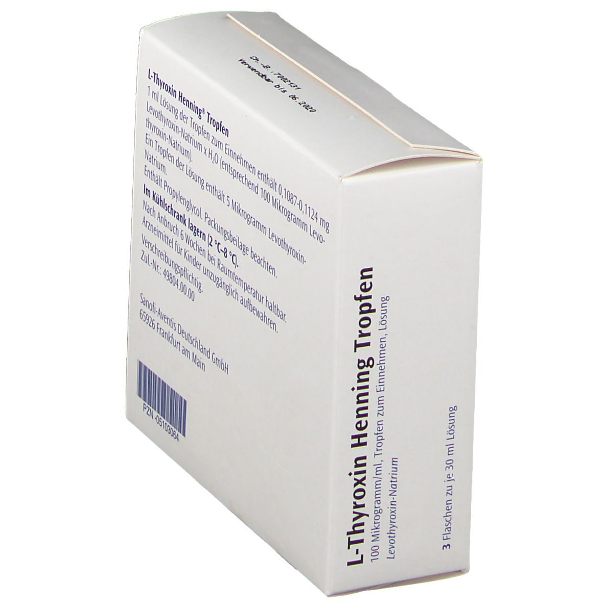 Rückseite der weißen Faltschachtel mit Text. Enthält Informationen zu Inhaltsstoffen und Hersteller. PZN-Nummer.