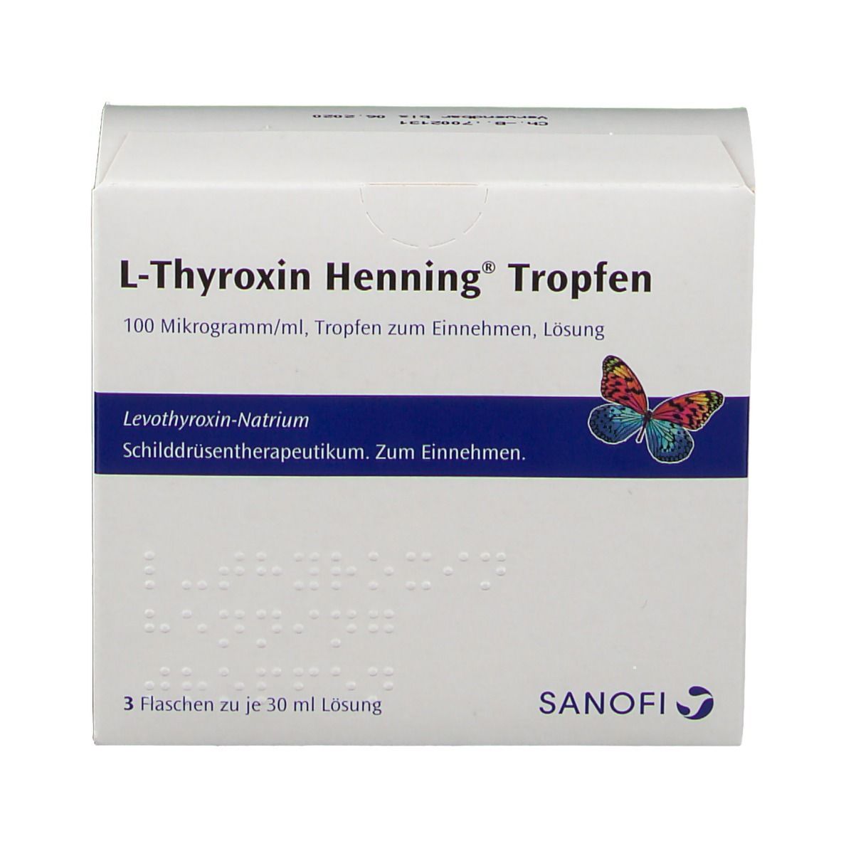 Weiße Faltschachtel mit Aufschrift L-Thyroxin Henning Tropfen. Blaue Linie mit Text und Schmetterling. Sanofi Logo.