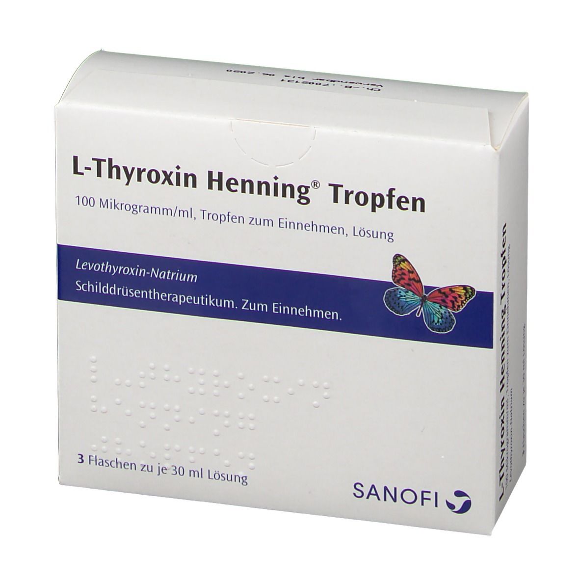 Weiße Faltschachtel mit Aufschrift L-Thyroxin Henning Tropfen. Blaue Linie mit Text und Schmetterling. Sanofi Logo.