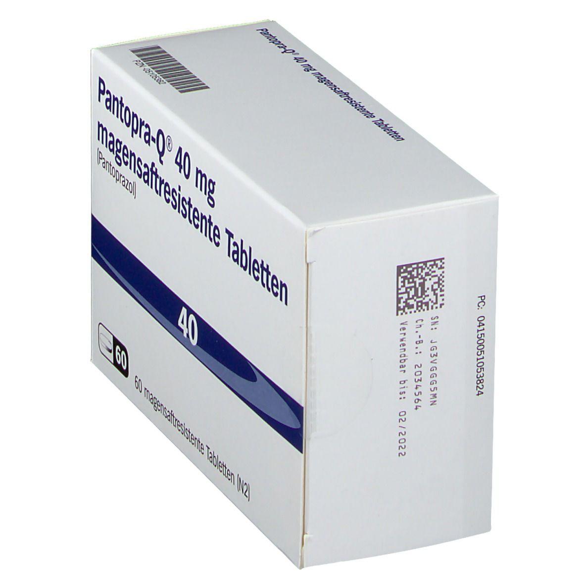 Schachtel mit Pantopra-Q 40 mg magensaftresistente Tabletten. 40 Tabletten. Blaue und weiße Verpackung.