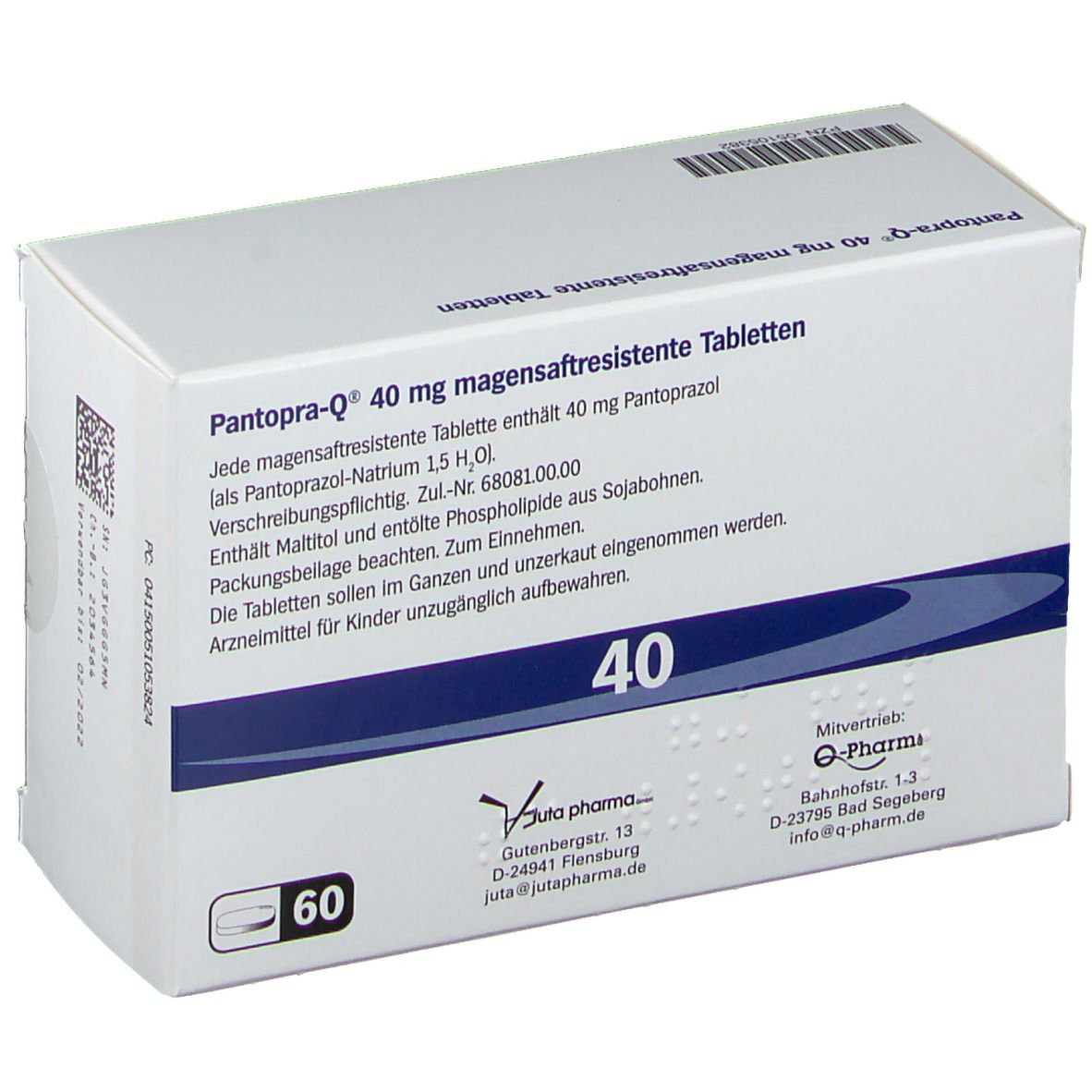 Schachtel mit Pantopra-Q 40 mg magensaftresistente Tabletten. Enthält 40 Tabletten. Weiße Verpackung mit blauen Akzenten.