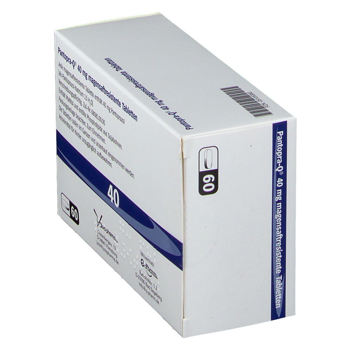Schachtel mit Pantopra-Q 40 mg magensaftresistente Tabletten. 60 Tabletten. Weiße Verpackung mit blauen Akzenten.