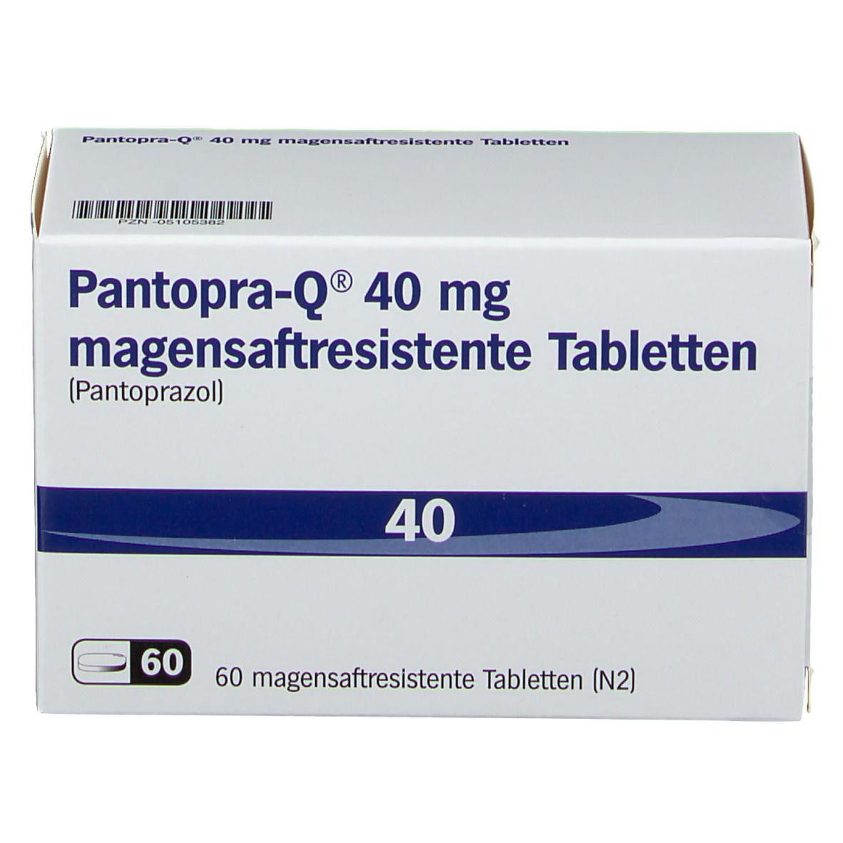 Schachtel mit Pantopra-Q 40 mg magensaftresistente Tabletten. 60 Tabletten. Weiße Verpackung mit blauen Akzenten.
