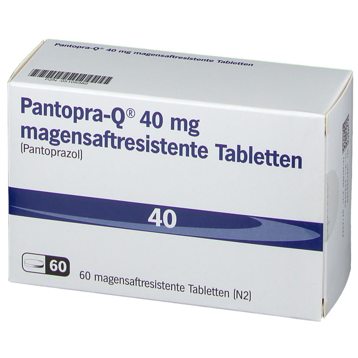 Schachtel mit Pantopra-Q 40 mg magensaftresistente Tabletten. 60 Tabletten. Weiße Verpackung mit blauen Akzenten.