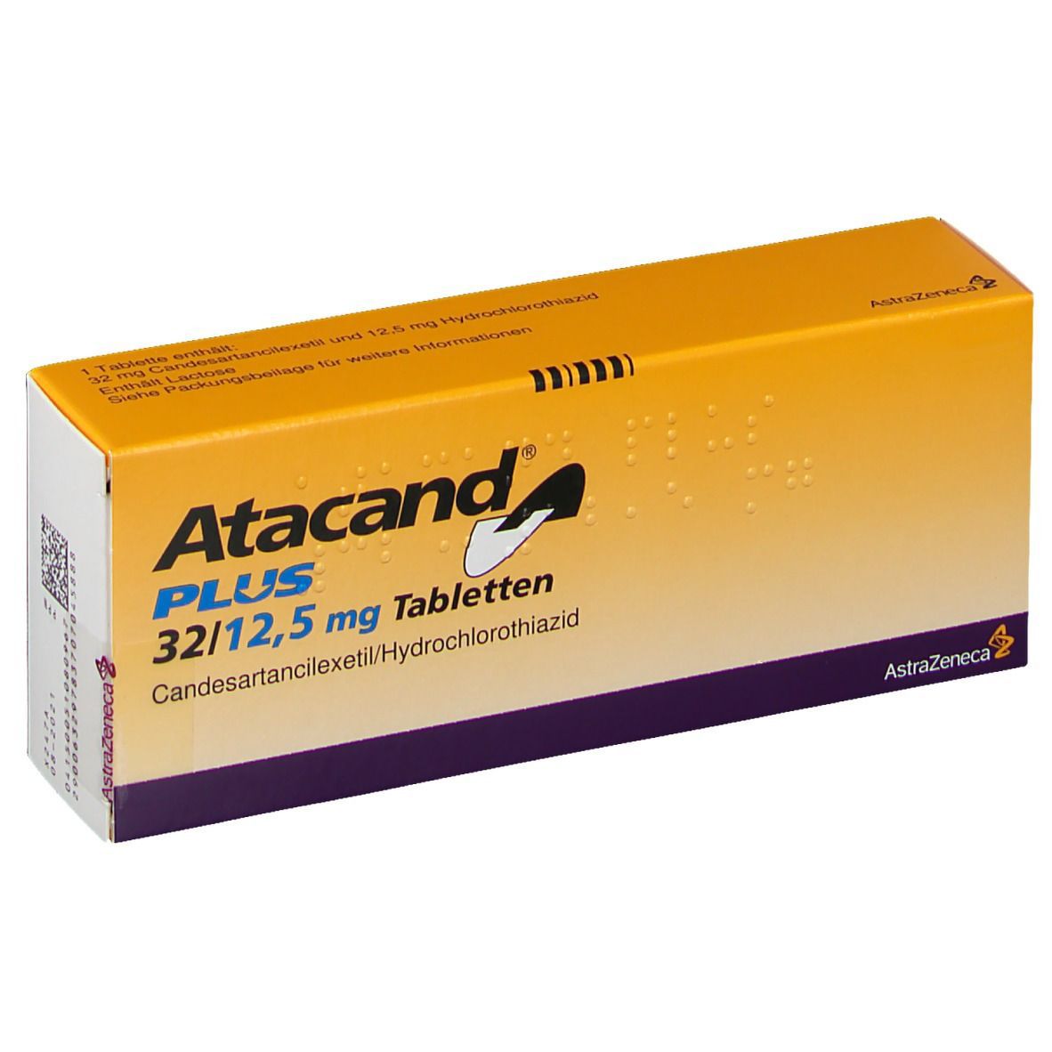 Atacand Plus-Verpackung. Gelb-weißes Rechteck mit Produktnamen und Dosierung. Enthält Tabletten. AstraZeneca-Logo.