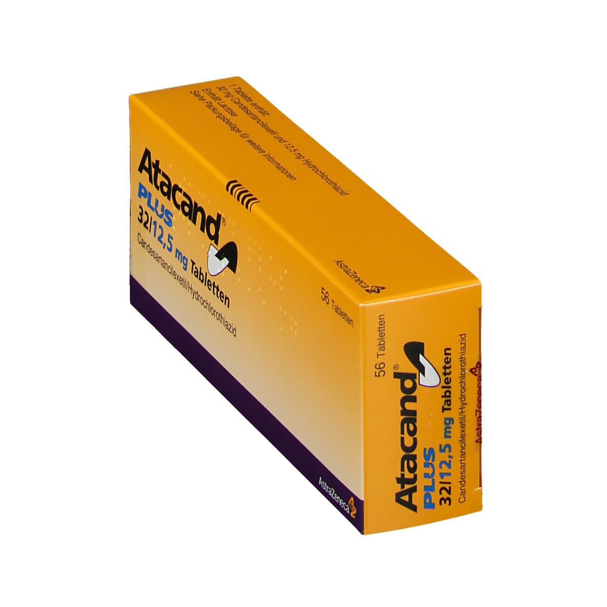 Schräg gestellte, gelbe Atacand Plus-Schachtel. Aufschrift: 32/12,5 mg Tabletten. Enthält 56 Tabletten. Hersteller: AstraZeneca.