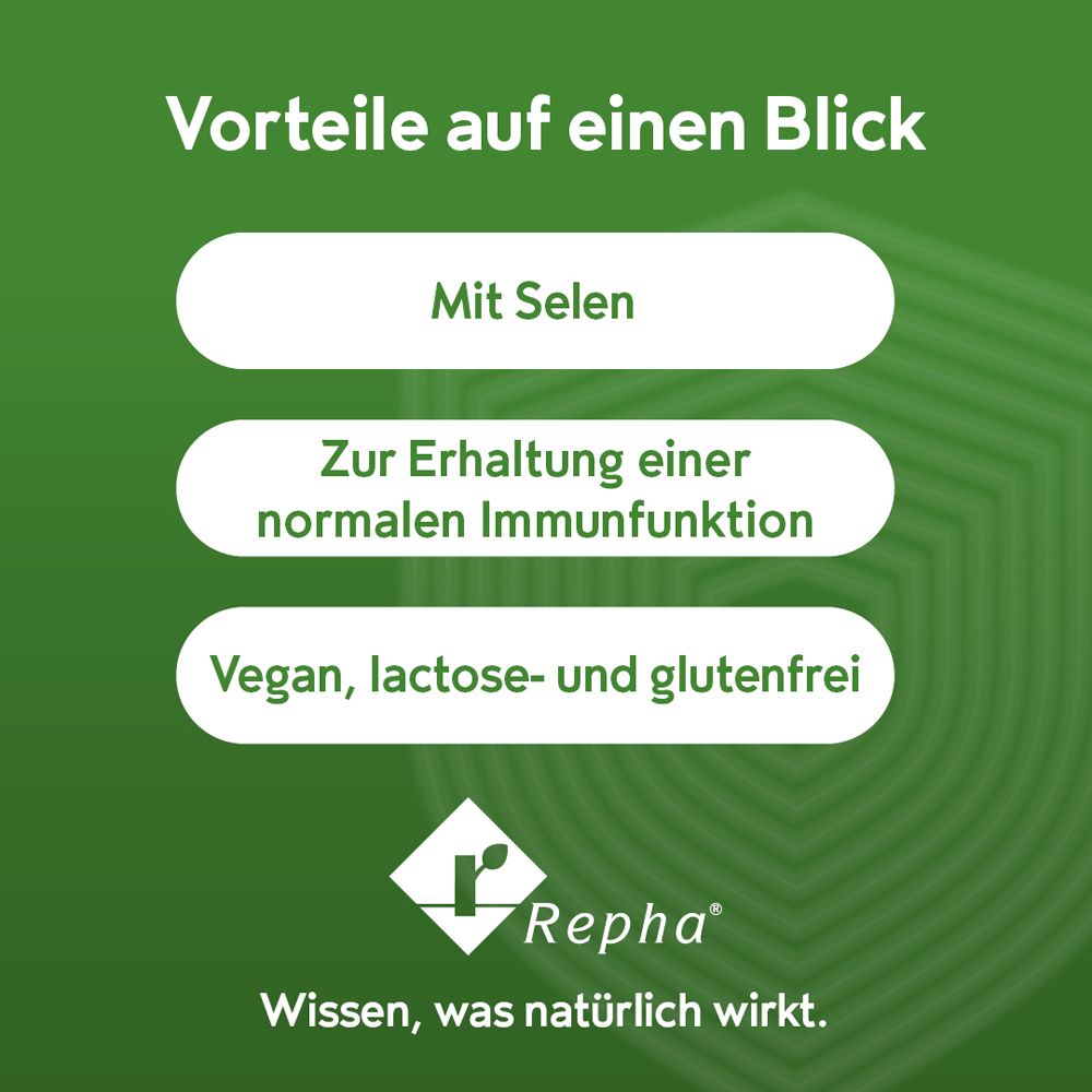 Vorteile von REPHALYSIN® C: Mit Selen, für normale Immunfunktion, vegan, laktose- und glutenfrei.