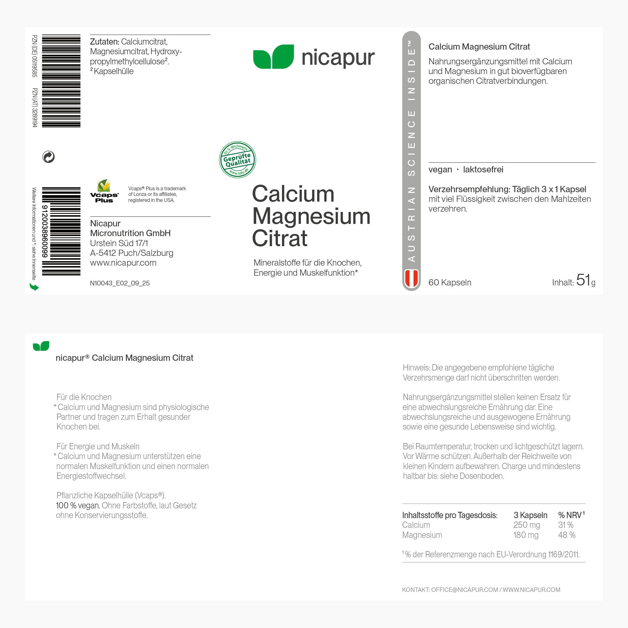 Etikett von Nicapur Calcium Magnesium Citrat mit Zutaten und Nährwertangaben.
