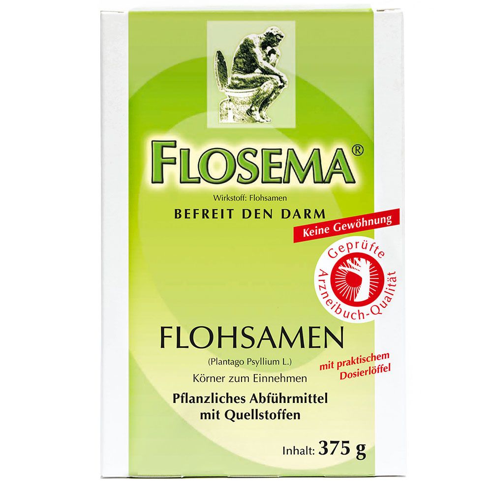 Verpackung von Flosema® Flohsamen. Grün-weißes Design mit Produktnamen und Inhaltsangaben. Enthält 375 g.