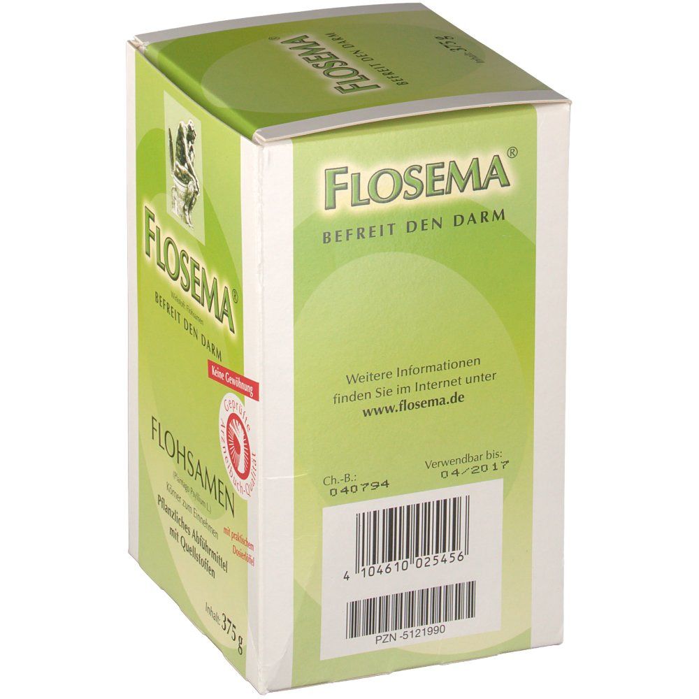 Flosema® Flohsamen-Verpackung. Grün-weißes Design. Rückseite mit Informationen und Barcode. Haltbar bis 04/2017.