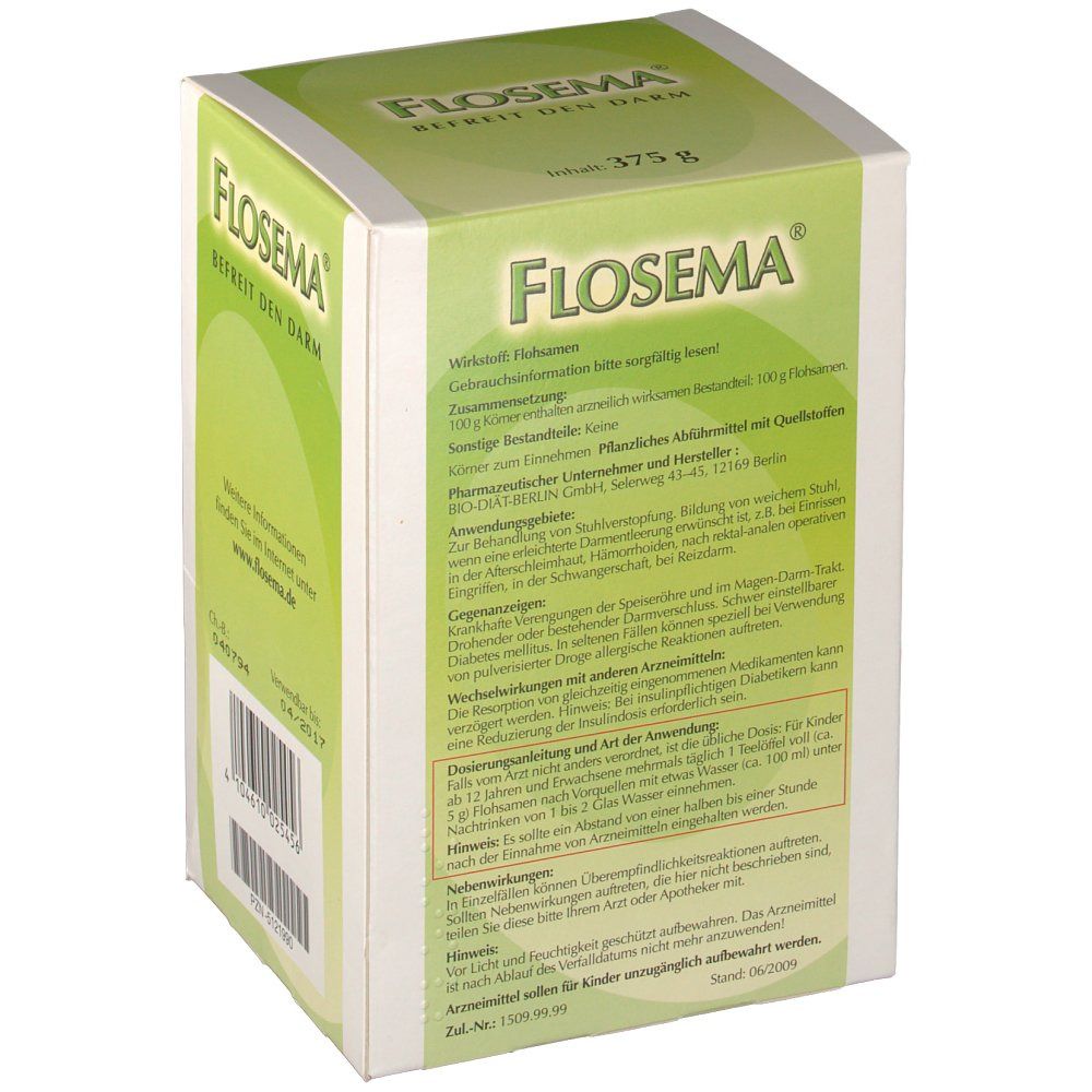 Rückseite der Flosema® Flohsamen-Verpackung. Textinformationen in deutscher Sprache. Enthält 375 g.