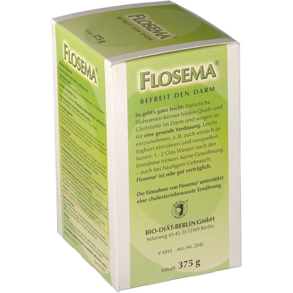 Flosema® Flohsamen-Verpackung. Grün-weißes Design. Textinformationen und Logo. Enthält 375 g.