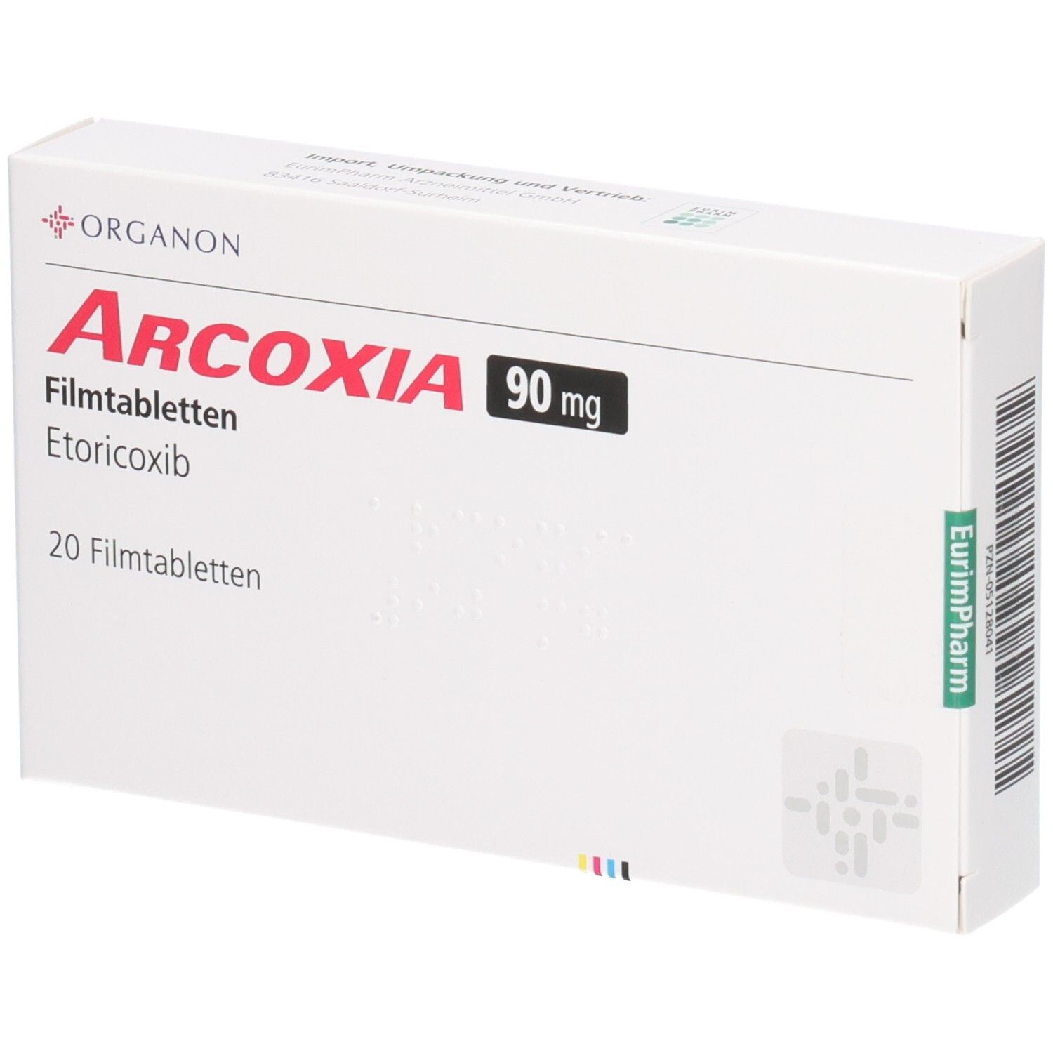 Weiße Arcoxia-Verpackung mit roter Schrift. Enthält 90 mg Tabletten. Organon-Logo oben links.