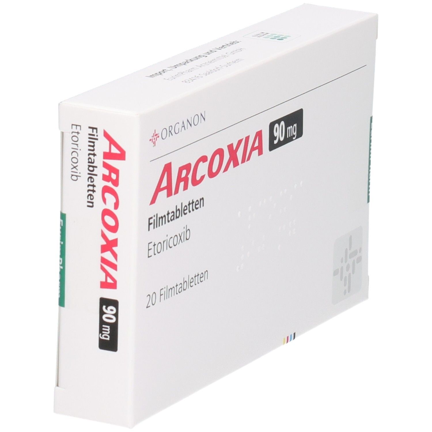 Schräg gestellte Arcoxia-Verpackung. Rote Schrift, 90 mg. Organon-Logo. 20 Filmtabletten.