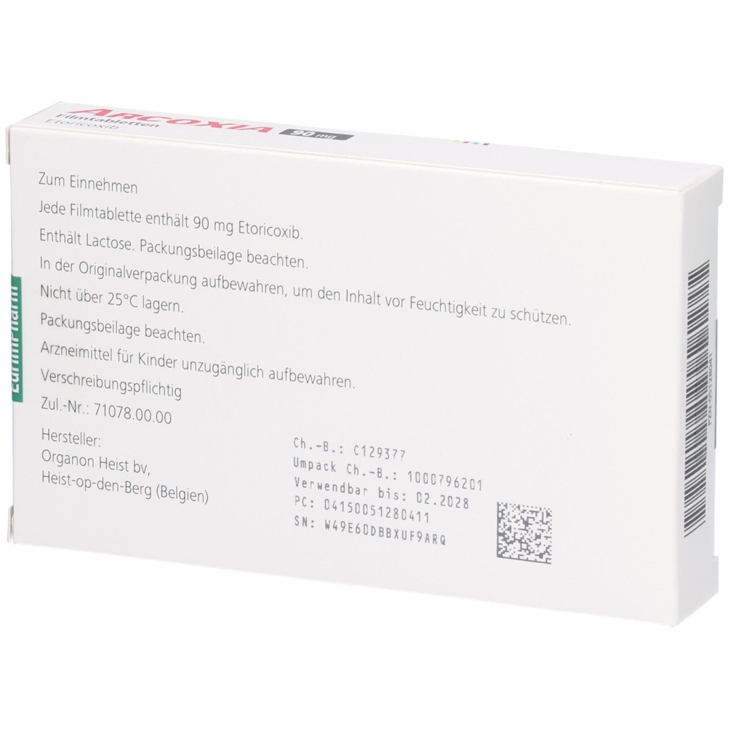 Rückseite der Arcoxia-Verpackung. Textinformationen, Herstellerangaben, Chargennummer und Verfallsdatum.