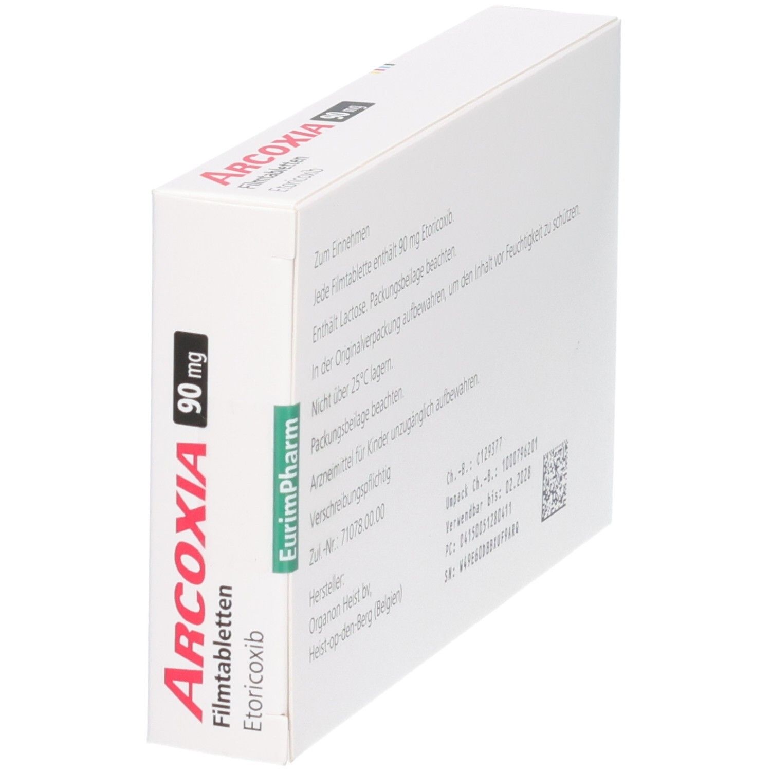 Schräg gestellte Arcoxia-Verpackung. Rote Schrift, 90 mg. Organon-Logo. EurimPharm-Logo.