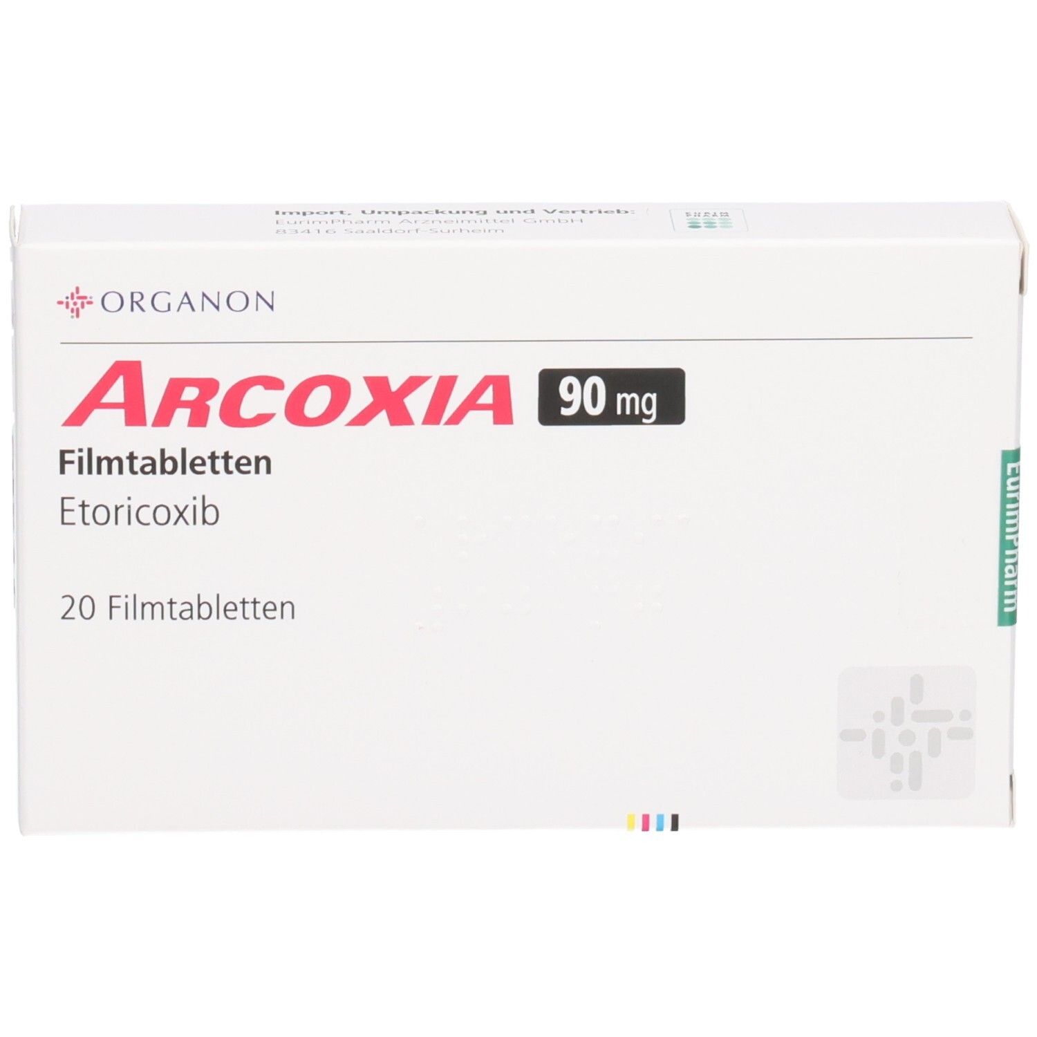 Weiße Arcoxia-Verpackung mit roter Schrift. Enthält 90 mg Tabletten. Organon-Logo oben links.