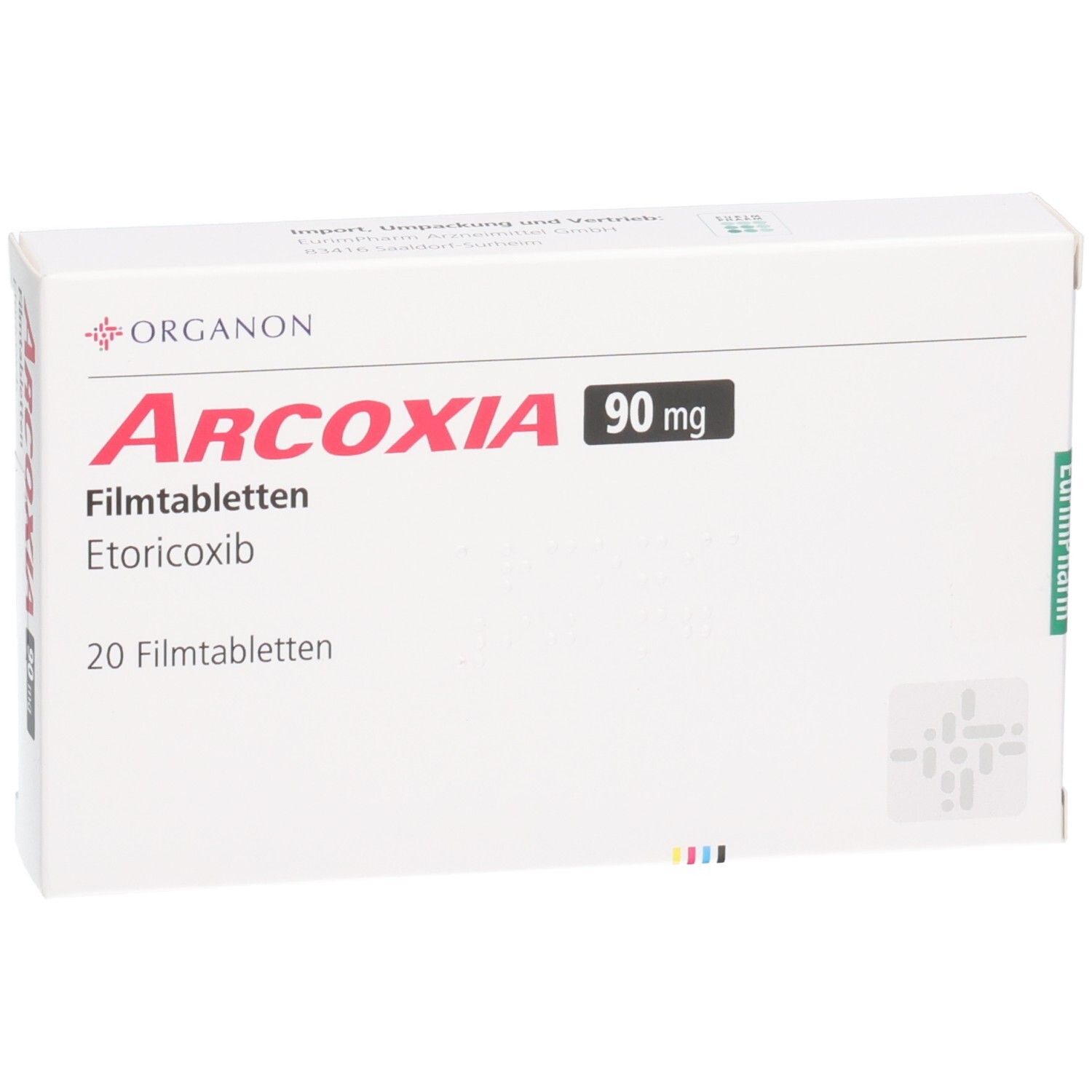 Weiße Arcoxia-Verpackung mit roter Schrift. Enthält 90 mg Tabletten. Organon-Logo oben links.