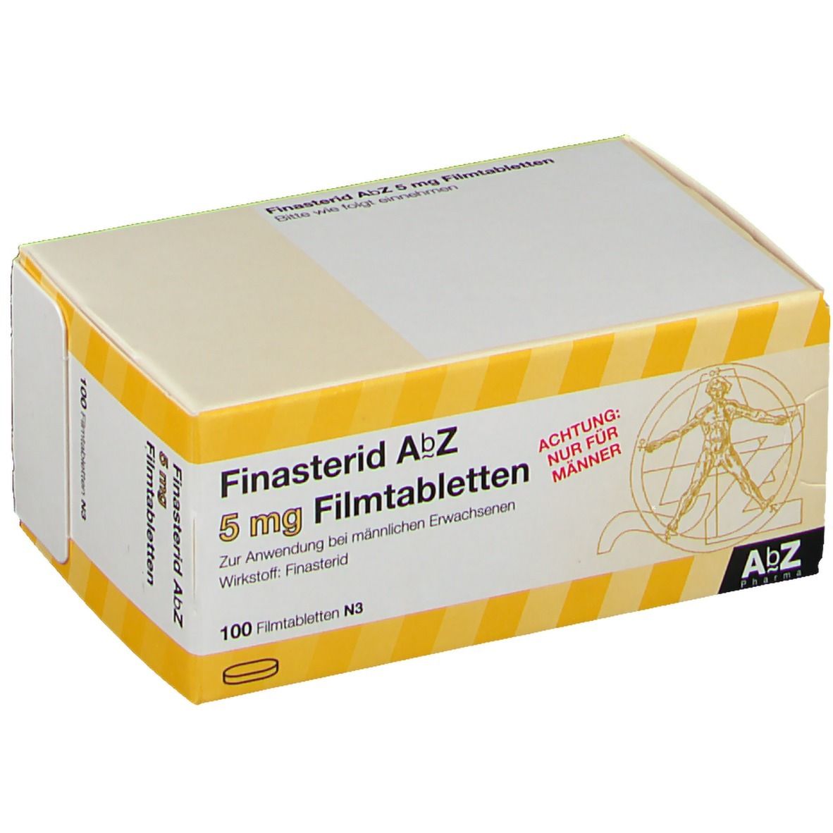Karton mit Finasterid AbZ 5 mg Filmtabletten. Gelb-weißes Design. Aufschrift: 100 Filmtabletten N3. Achtung: Nur für Männer.