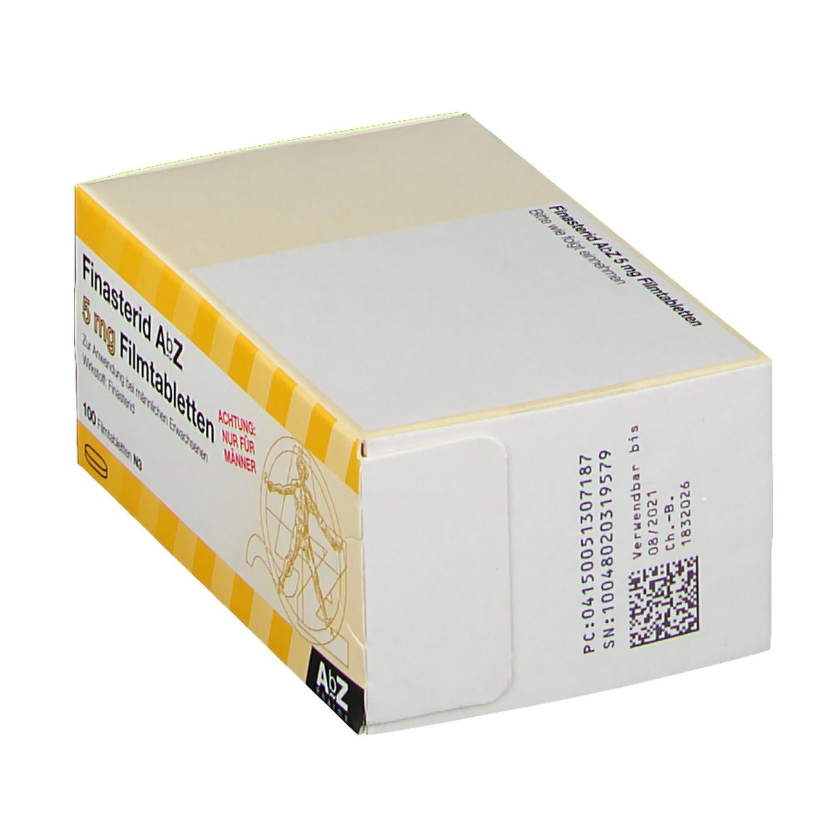 Karton von Finasterid AbZ 5 mg Filmtabletten. Rückseite mit Barcode und Verfallsdatum. Gelb-weißes Design.
